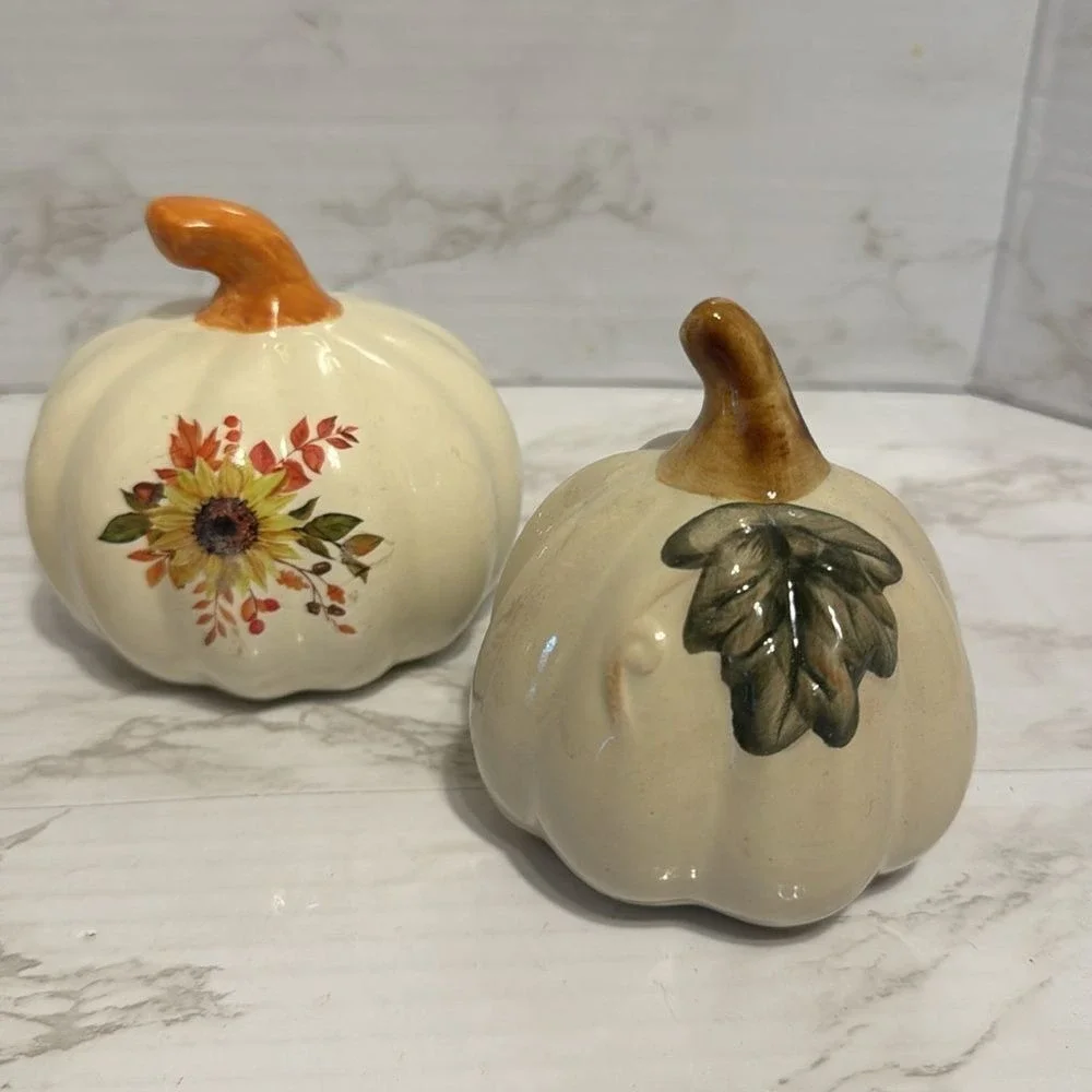 Mini pumpkins ceramic decor figures with painted flowers fall Halloween decor